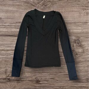 Free People Black Long Sleeve V-Neck Blouse